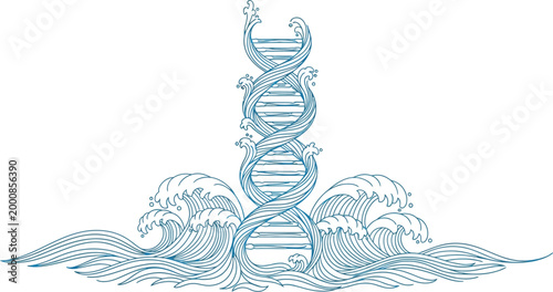 Intricate blue line art illustration featuring a vertical double helix strand of dna swirling upwards from stylized ocean waves in a minimalist and artistic graphic design