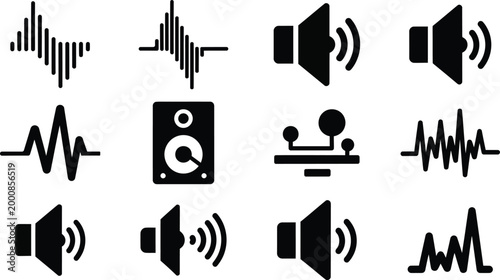 Collection of black audio and sound wave icons representing various audio technologies