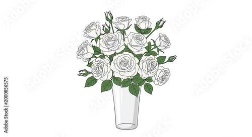 Elegant bouquet of white roses and buds arranged in a tall glass vase against a clean white background for wedding or home decor.