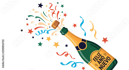 Celebratory green champagne bottle popping open with colorful stars confetti and feliz ano nuevo message for new years eve party.