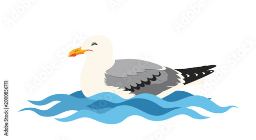 Cheerful seagull illustration floating on blue water waves against a white background representing ocean life and coastal freedom.