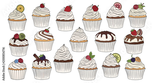 Tempting collection of various decorated cupcakes with whipped cream frosting and fruit toppings like strawberry blueberry and lime.
