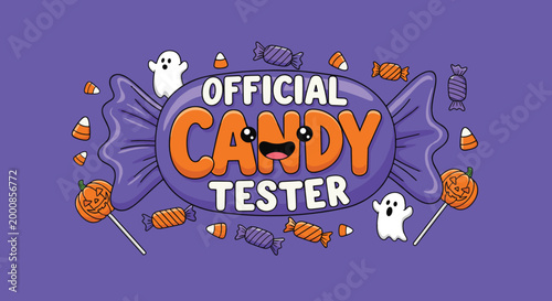 Fun Halloween themed design with the text official candy tester surrounded by ghosts, pumpkins, and sweets on a purple background.