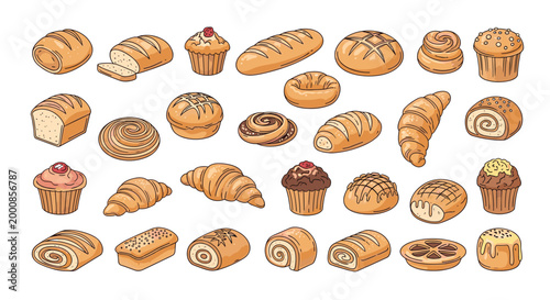Diverse collection of hand-drawn bakery products including croissants, muffins, bread loaves, and pastries arranged in a grid.
