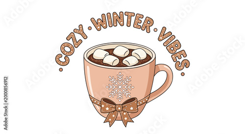 Cozy winter vibes illustration featuring a warm pink cup of hot chocolate topped with marshmallows and a snowflake design.