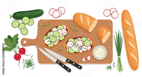 Detailed flat lay illustration of a wooden cutting board with healthy radish and cucumber sandwiches and fresh ingredients.