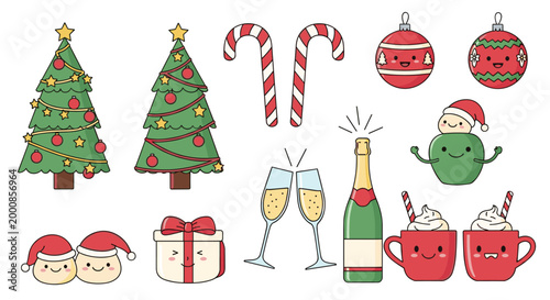 Collection of cute hand drawn christmas elements including trees gifts candy canes champagne bottle and festive drinks for holiday decor.
