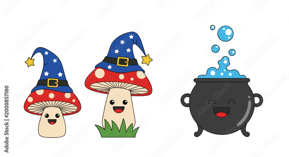 Fototapeta premium Cute whimsical illustration of two mushroom characters wearing wizard hats next to a bubbling smiling black cauldron.