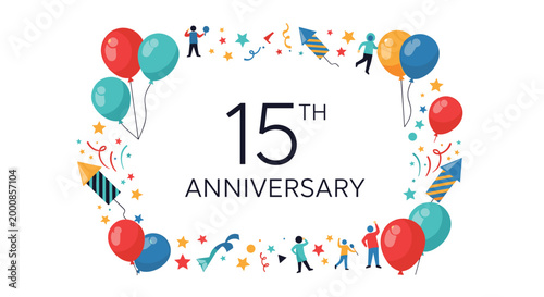 Colorful festive celebration design for a 15th anniversary featuring balloons fireworks stars and tiny people celebrating together.