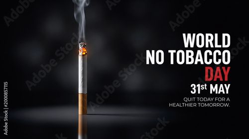 Φωτογραφία burning cigarette against dark background with world no tobacco day text