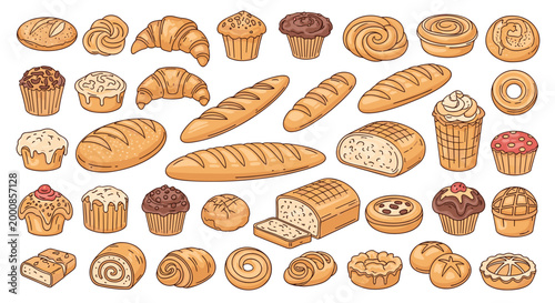 Extensive hand drawn illustration set of various types of bread rolls croissants and pastries for bakery and cafe themes.