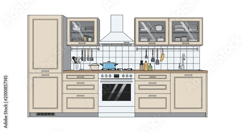 Detailed line art illustration of a modern kitchen interior with light wood cabinets appliances and various cooking utensils.