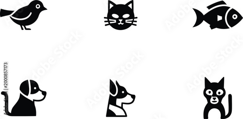 Black silhouette icons of various animals bird cat fish dog rabbit and goat