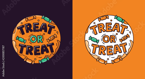 Playful Halloween logo featuring treat or treat text surrounded by colorful candies in two different color versions.