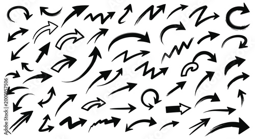 Extensive collection of hand-drawn black ink arrows showing various directions, curves, and styles for use in creative design and navigation icons.