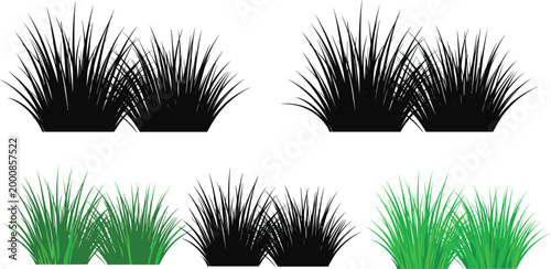 Grass bush silhouette collection featuring green and black decorative plants isolated for landscaping design and nature illustration use