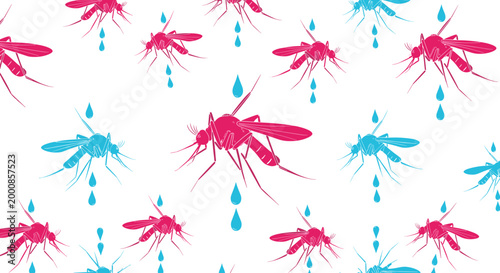 Vector illustration of a repeating pattern featuring stylized pink and blue mosquitoes paired with blue water droplets on a clean white background.