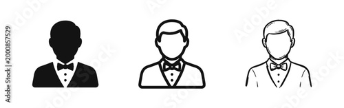 Butler and Waiter Icons Set in Silhouette, Outline and Hand Drawn Styles