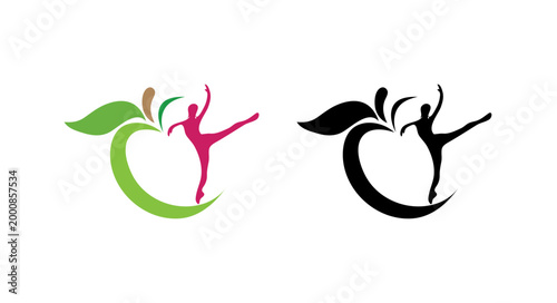 Vector logo of dancer silhouette with apple and green leaves