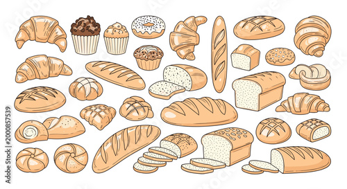 Extensive collection of baked goods including various loaves of bread, croissants, muffins, donuts, and rolls in a warm hand-drawn style.