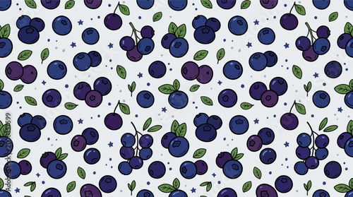 Seamless Blueberry Fruit Pattern with Fresh Berries and Leaves for Summer Textile Design