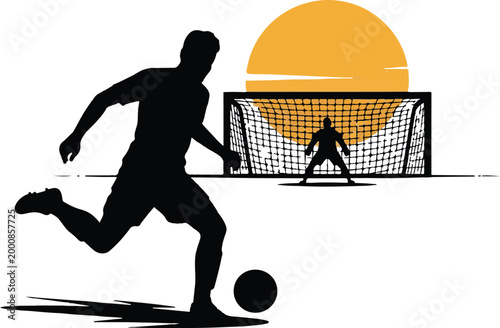 Soccer player kicking ball near goal at sunset