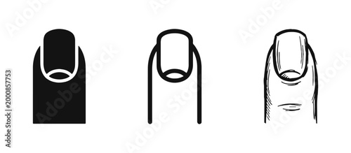 Human Finger and Finger Nail Icon Set in Silhouette, Outline and Hand Drawn Styles