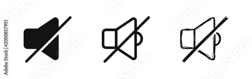 Sound Mute and Silent Mode Icon Set in Silhouette, Outline and Hand Drawn Styles