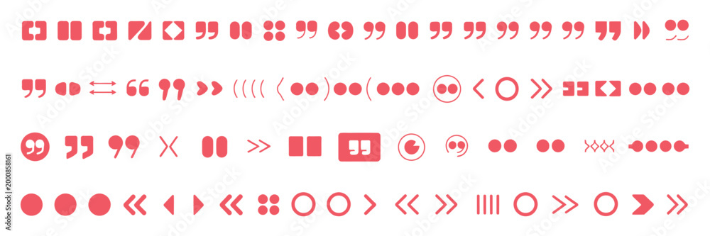 Naklejka premium Quotation marks and punctuation icon set, comma apostrophe parentheses and speech quote symbols, double quotation mark vector collection, clean typography icons, minimal modern design elements.