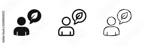 Eco Friendly Person and Ecology Speech Bubble Icon Set in Silhouette, Outline and Hand Drawn Styles