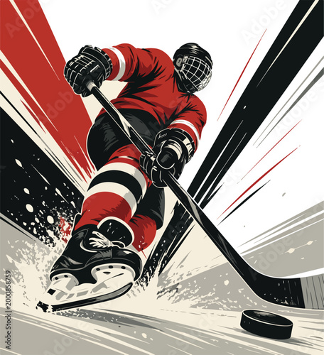 Photography Hockey player in red uniform skating with stick ice hockey