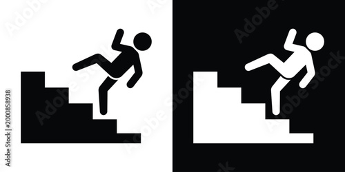 Fall hazard warning icon depicting a person falling down stairs. Essential for safety signage, public building navigation, caution warnings, and workplace accident prevention graphics.