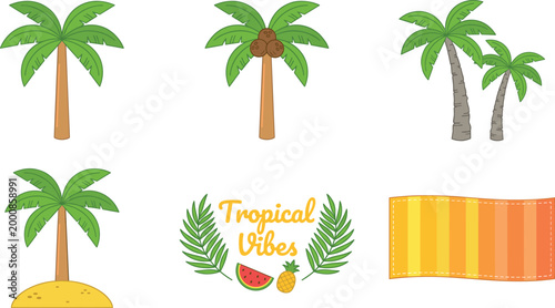 Palm trees and beach towel arranged with tropical fruit graphic for vacation advertising