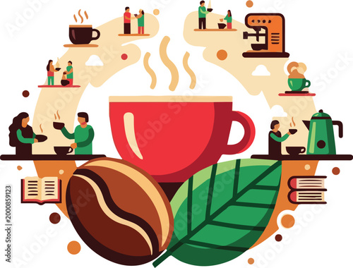 A steaming cup of coffee surrounded by people enjoying beverages and snacks in a cozy environment with a coffee bean and leaf.