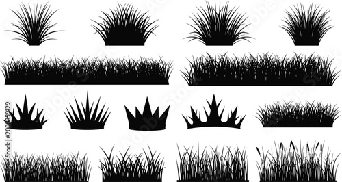 Grass silhouette collection with various lawn bushes and wild foliage elements for landscaping decoration and nature vector design