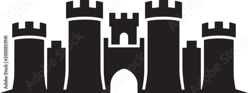 Castle fortress with towers vector illustration flat black silhouette on white for logo design