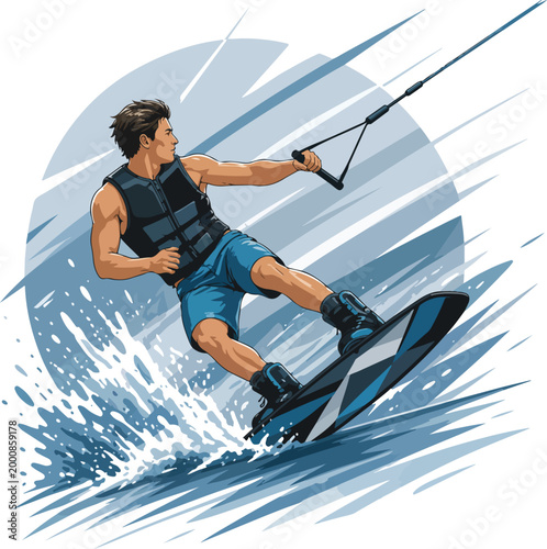 Man wakeboarding on blue water with spray water sports