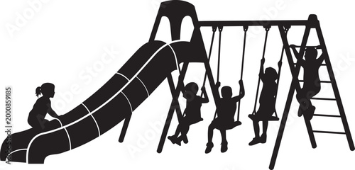 Children on playground vector illustration silhouette with kids on slide and swings park art