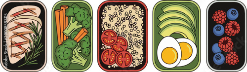 A colorful illustration of various healthy food portions arranged side by side on plates.