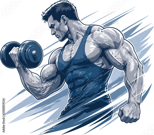 Muscular man lifting dumbbell with intense focus bodybuilder