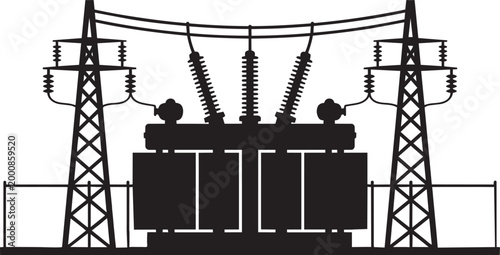 Electrical power substation vector illustration with transmission towers and a large transformer