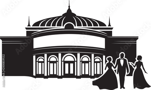 Elegant building silhouette with formal guests vector illustration black and white for event