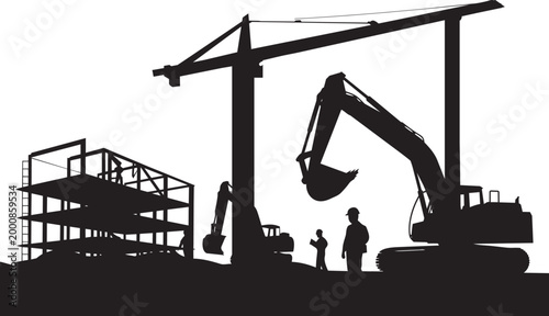 Construction site vector illustration with cranes excavators workers building under in outline style