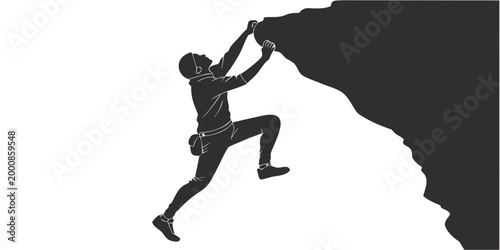 Rock climber silhouette scaling vertical cliff face with mountain climbing mountain bouldering adventure silhouette outdoors illustration isolated exercise training challenge