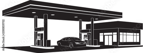 Gas station with car vector illustration black silhouette with fuel pumps and service building