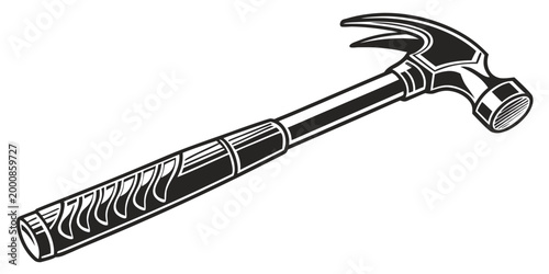 Black and white claw hammer illustration isolated on white background with construction handtool maintenance carpentry equipment renovation hardware craftsman industry building carpenter