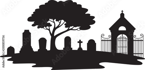 Halloween cemetery scene vector silhouette featuring gravestones an ancient tree and a spooky