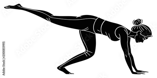 Silhouette of woman performing warrior iii yoga balance pose with silhouette exercise wellness stretching training lifestyle meditation strength physical illustration minimalist activity