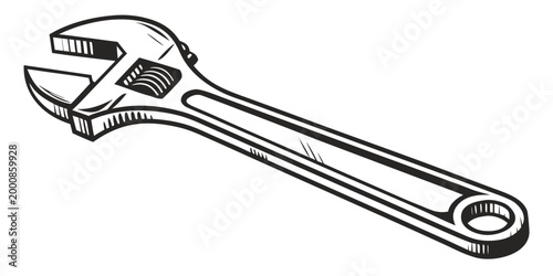 Detailed black and white illustration of an adjustable wrench tool with adjustable hardware mechanical maintenance engineering construction workshop industrial equipment handtool industry