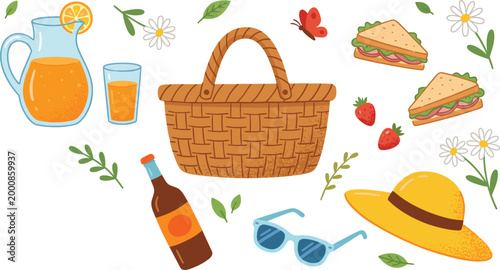Picnic basket with orange juice sandwiches sunglasses and summer elements on a white background